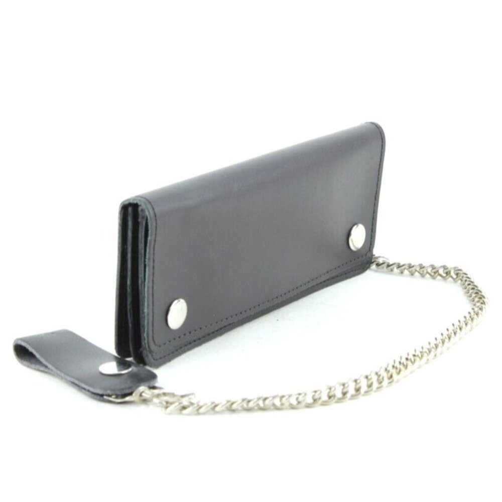 Men's Classic Genuine Premium Leather Snap Chain Trucker Biker Wallet Black NEW - Picture 2 of 9